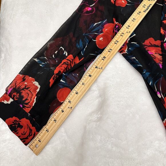 DKNY Black Red Floral Neck Bow Tie 3/4 Sleeve Semi-Sheer Blouse w/Camisole Sz M - Picture 11 of 16